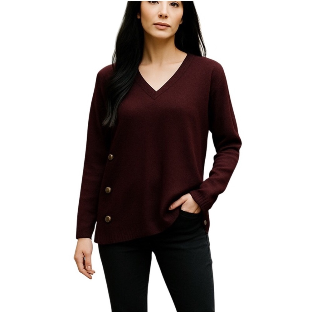 Cynthia Rowley Dark Purple Side Button V-Neck Sweater Sz S